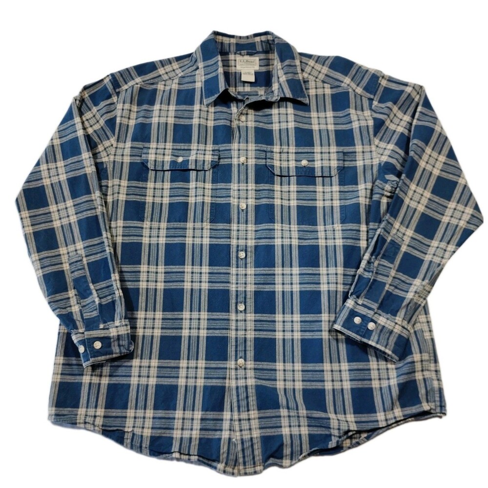 LL Bean Heavy Duty Cotton Mens Plaid Shirt L Blue Long Sleeve Button Up Workwear